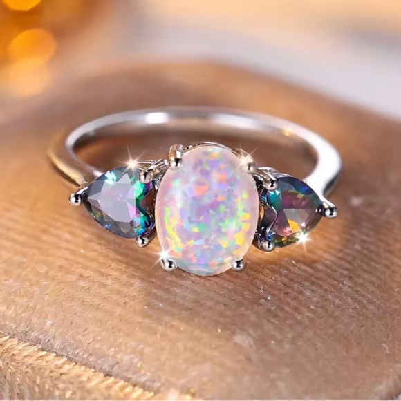 Jewelry - Elegant Opal and Mystic Topaz Silver Ring